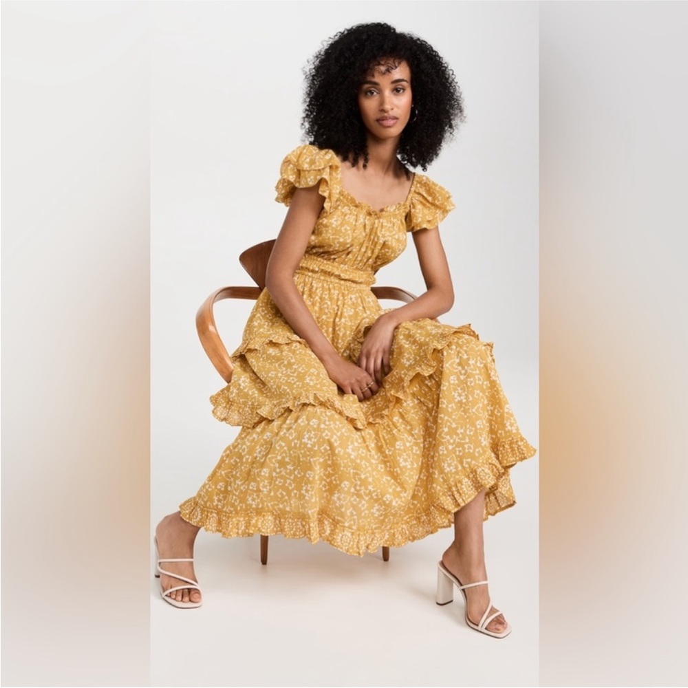 Cleobella Mustard Yellow Floral Ruffle Maxi Dress